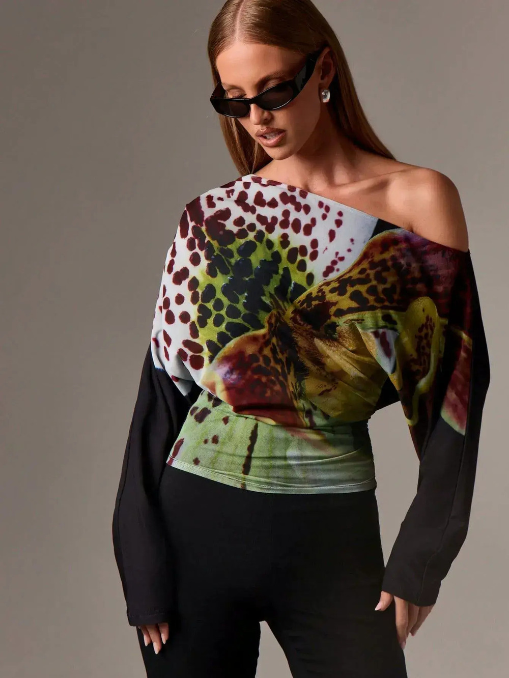 Zara Asymmetrical Print Top Summer Long Sleeve Ruched Waist